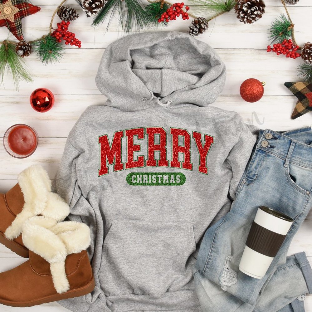 Faux Glitter Merry Christmas Hoodie